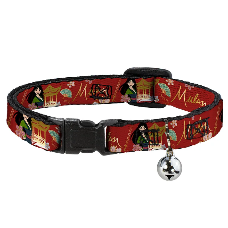 Cat Collar Breakaway with Bell - Mulan Gazebo Pose with Flowers and Script Red Golds - NARROW Fits 8.5-12"