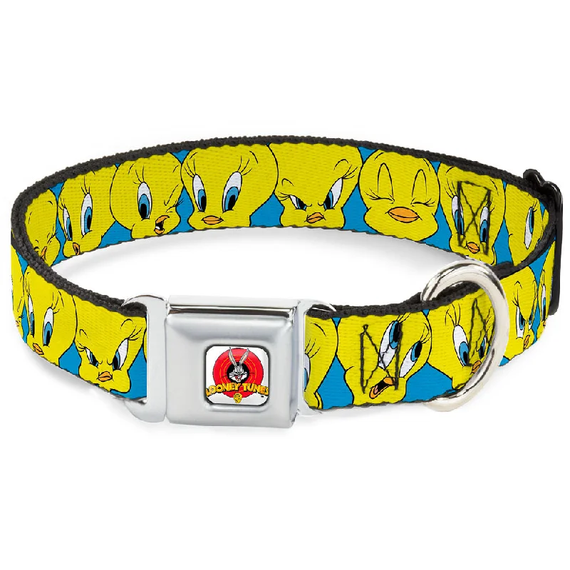 Looney Tunes Logo Full Color White Seatbelt Buckle Collar - Tweety Bird CLOSE-UP Expressions Baby Blue