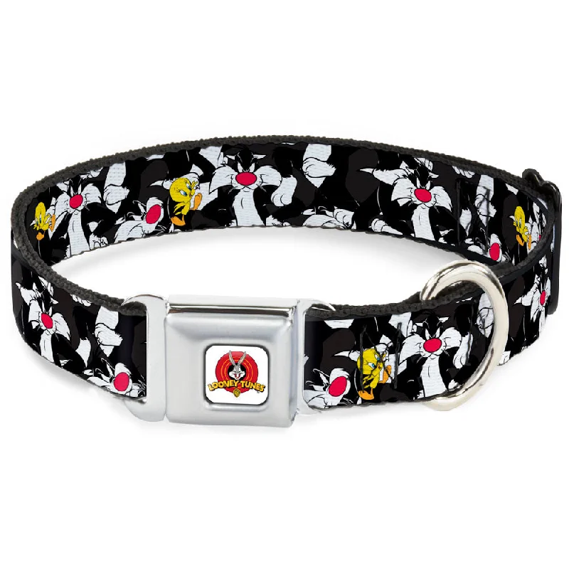 Looney Tunes Logo White Seatbelt Buckle Collar - Sylvester and Tweety Poses Scattered Charcoal