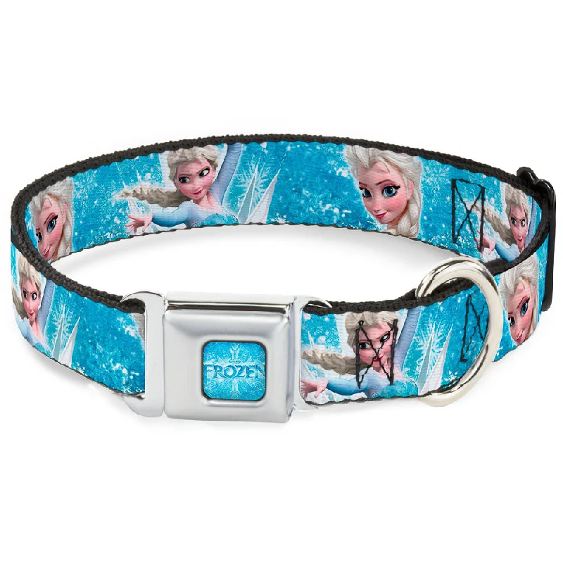 FROZEN Logo Full Color Blues Seatbelt Buckle Collar - Frozen Elsa Face/Action Pose/Snowflakes Blues/White