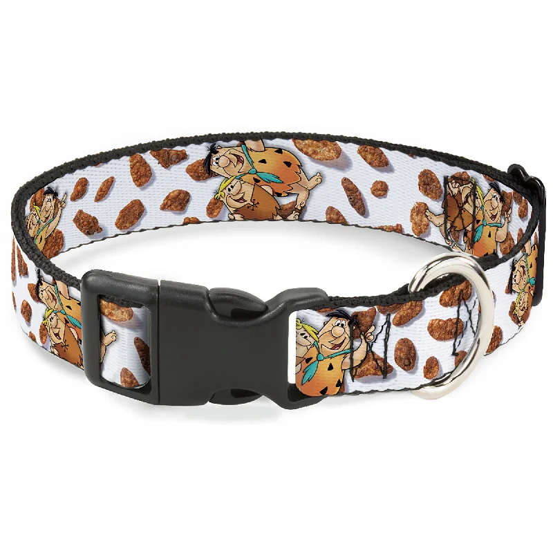 Plastic Clip Collar - Cocoa Pebbles Fred Flintstone and Barney Rubble Hugging Pose and Cereal Pebbles Scattered White/Browns