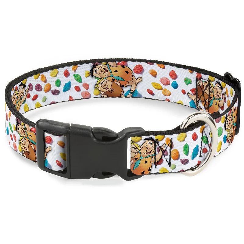 Plastic Clip Collar - Fruity Pebbles Fred Flintstone and Barney Rubble Hugging Pose and Cereal Pebbles Scattered White/Multi Color