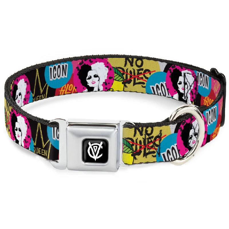 Cruella de Vil CDV Icon Black/White Seatbelt Buckle Collar - Cruella de Vil Cruell World and Round Badge Icons Collage