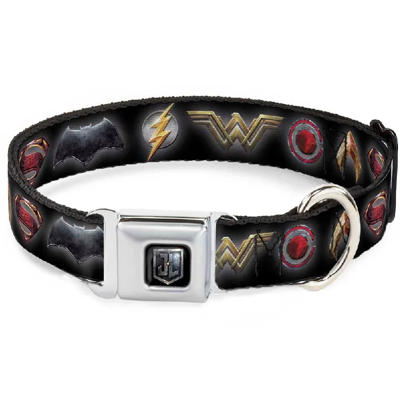 JL 2017 Badge Full Color Black/Grays Seatbelt Buckle Collar - Justice League 2017 6-Superhero Icons Black