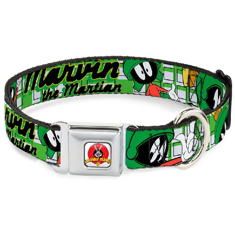 Looney Tunes Logo Full Color White Seatbelt Buckle Collar - MARVIN THE MARTIAN w/Poses White/Green