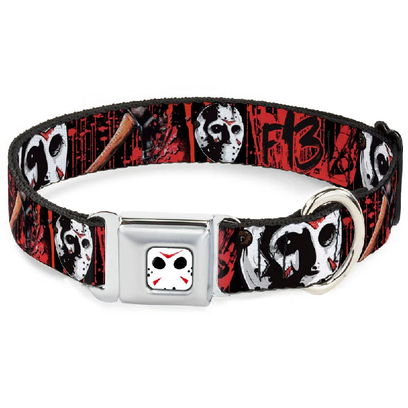 Jason Mask CLOSE-UP Full Color Black/White/Red Seatbelt Buckle Collar - FRIDAY THE 13th/Jason Mask4/Axe Blood Splatter Black/Red/White