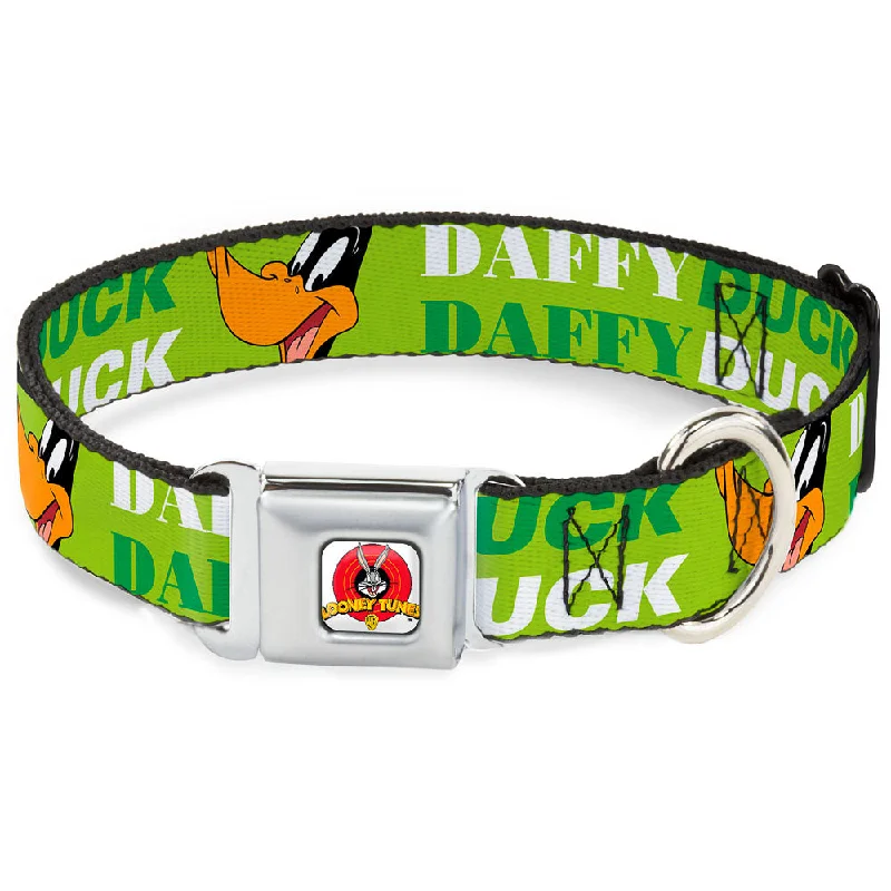 Looney Tunes Logo Full Color White Seatbelt Buckle Collar - DAFFY DUCK w/Face CLOSE-UP Greens