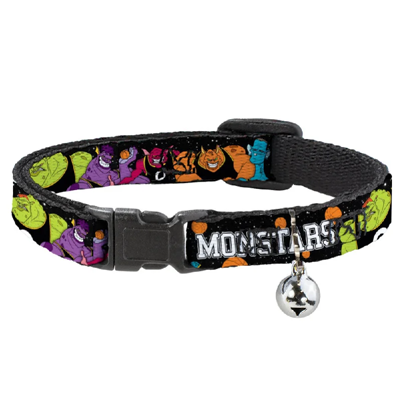 Cat Collar Breakaway with Bell - Space Jam MONSTARS 5-Player Group Pose Basketballs Galaxy Black White - NARROW Fits 8.5-12"