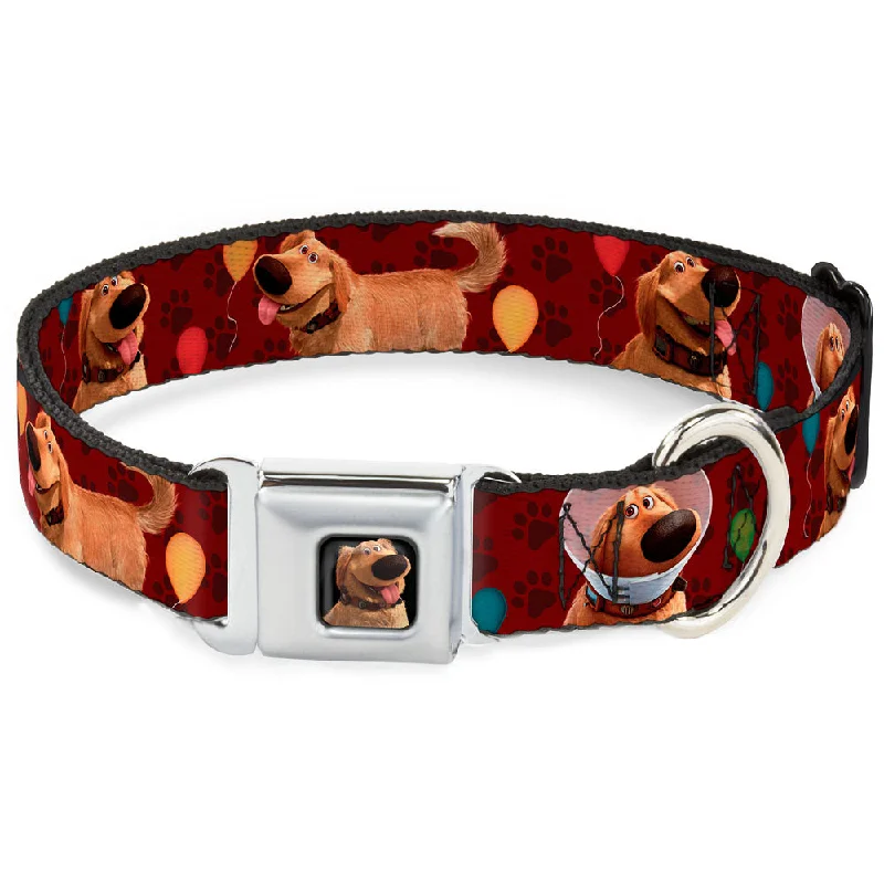 Dug Tongue Out Pose Full Color Black Seatbelt Buckle Collar - Dug 4-Poses/Balloons/Paw Print Reds