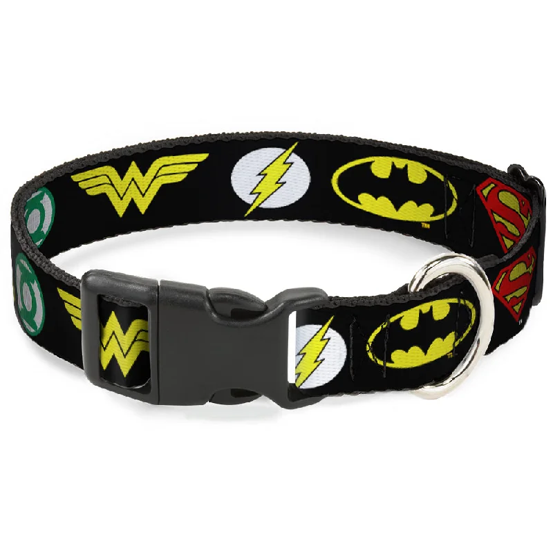 Plastic Clip Collar - Justice League 6-Superhero Logos Black