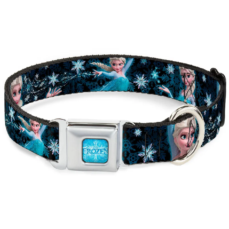 FROZEN Logo Full Color Blues Seatbelt Buckle Collar - Elsa the Snow Queen Poses PERFECT AND POWERFUL Blues/White