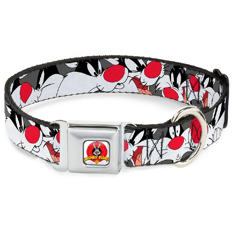 Looney Tunes Logo Full Color White Seatbelt Buckle Collar - Sylvester the Cat Expressions Gray