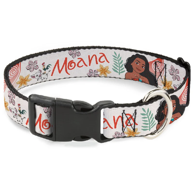 Plastic Clip Collar - Moana with Pua and Hei Hei Sail Pose with Script and Flowers Beige/Orange