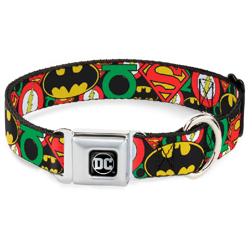 DC Round Logo Black/Silver Seatbelt Buckle Collar - Justice League Stacked Logos