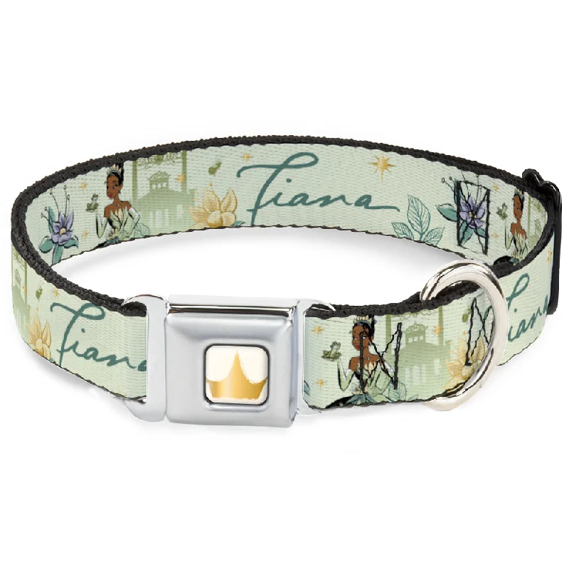 Disney Princess Crown Full Color Golds Seatbelt Buckle Collar - The Princess and the Frog Tiana Palace Pose with Script and Flowers Greens