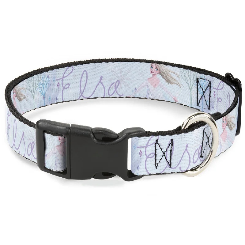 Plastic Clip Collar - Frozen Elsa Snowflake Pose with Trees and Script Blues/Purples