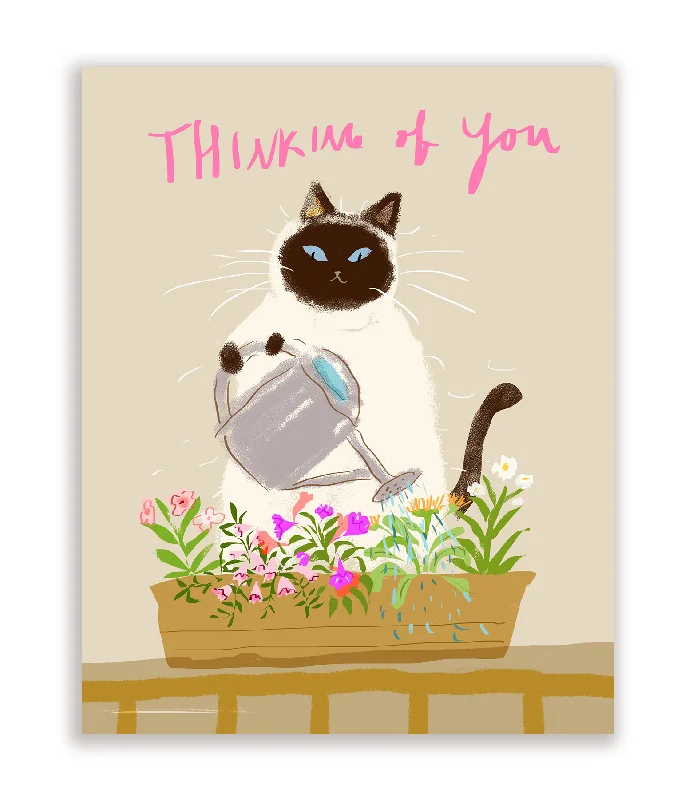 Thinking of You - Watering the Flowers Cat Card