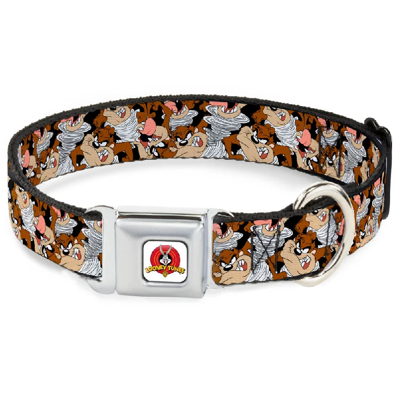 Looney Tunes Logo White Seatbelt Buckle Collar - Tasmanian Devil Vortex Poses Stacked Black