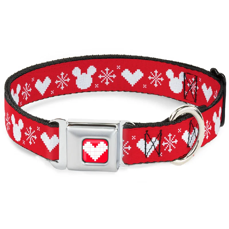 Disney Holiday Mickey Mouse Heart Sweater Stitch Full Color Red/White Seatbelt Buckle Collar - Disney Holiday Mickey Mouse Heart Sweater Stitch Red/White