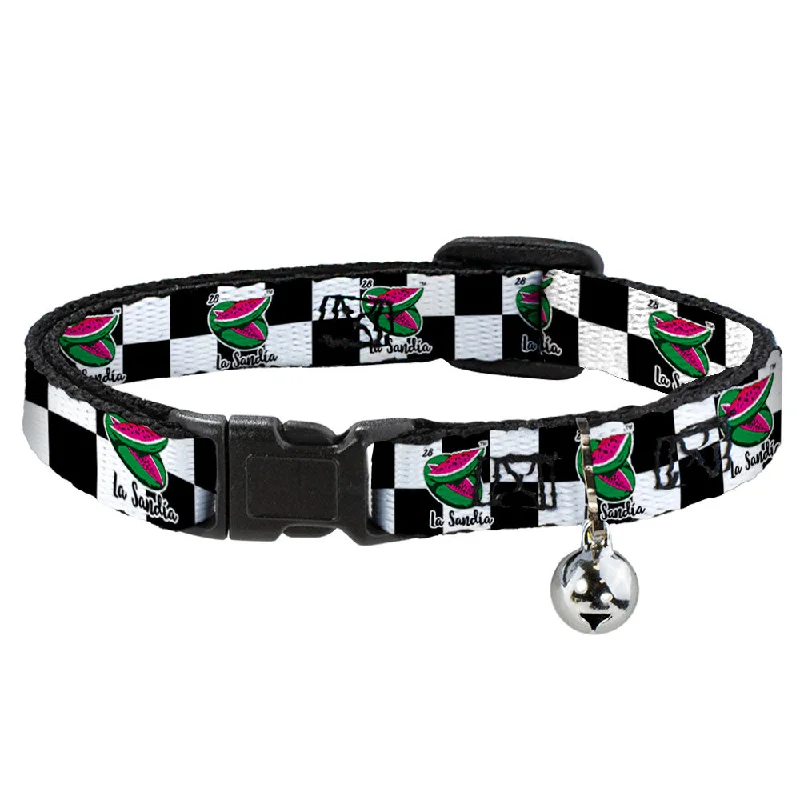 Cat Collar Breakaway with Bell - Loteria LA SANDIA Watermelon Checker Black White - NARROW Fits 8.5-12"