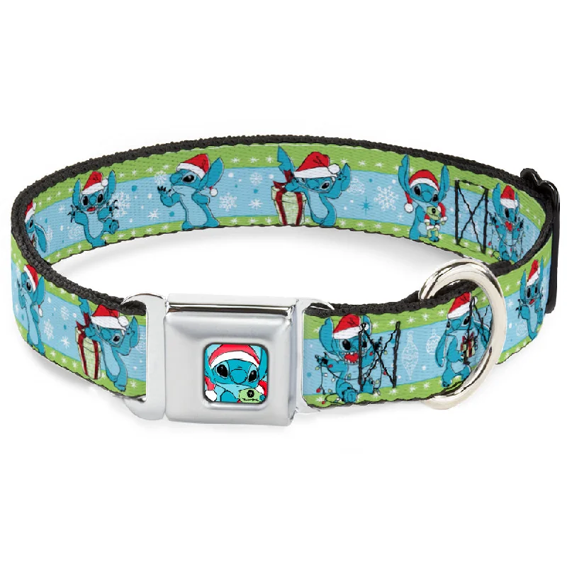 Lilo and Stitch Holiday Stitch and Scrump Pose Full Color Blue Seatbelt Buckle Collar - Lilo and Stitch Holiday Stitch and Scrump Poses Stripe Green/Blue