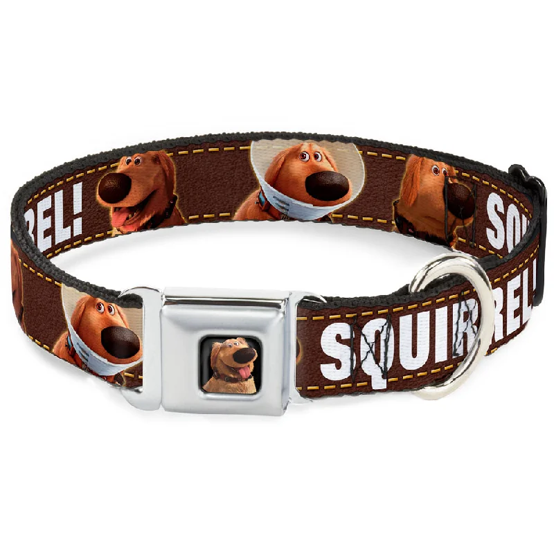 Dug Tongue Out Pose Full Color Black Seatbelt Buckle Collar - Dug 3-Poses/SQUIRREL! Brown/Yellow/White