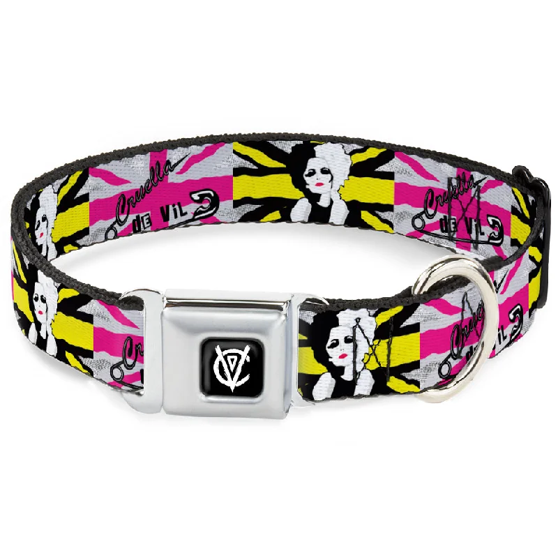 Cruella de Vil CDV Icon Black/White Seatbelt Buckle Collar - CRUELLA DE VIL Safety Pin/Cruell World Pose Union Jack Punk Rock Blocks