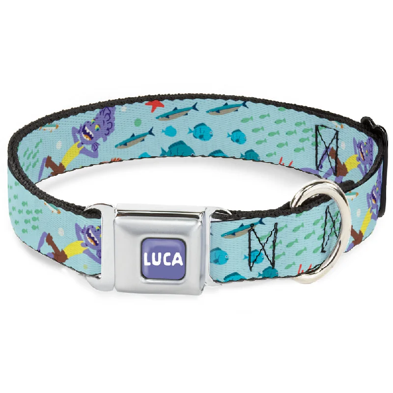 LUCA Logo Full Color Lavender/White Seatbelt Buckle Collar - Luca Isola del Mar Alberto Sea Monster School of Fish Collage