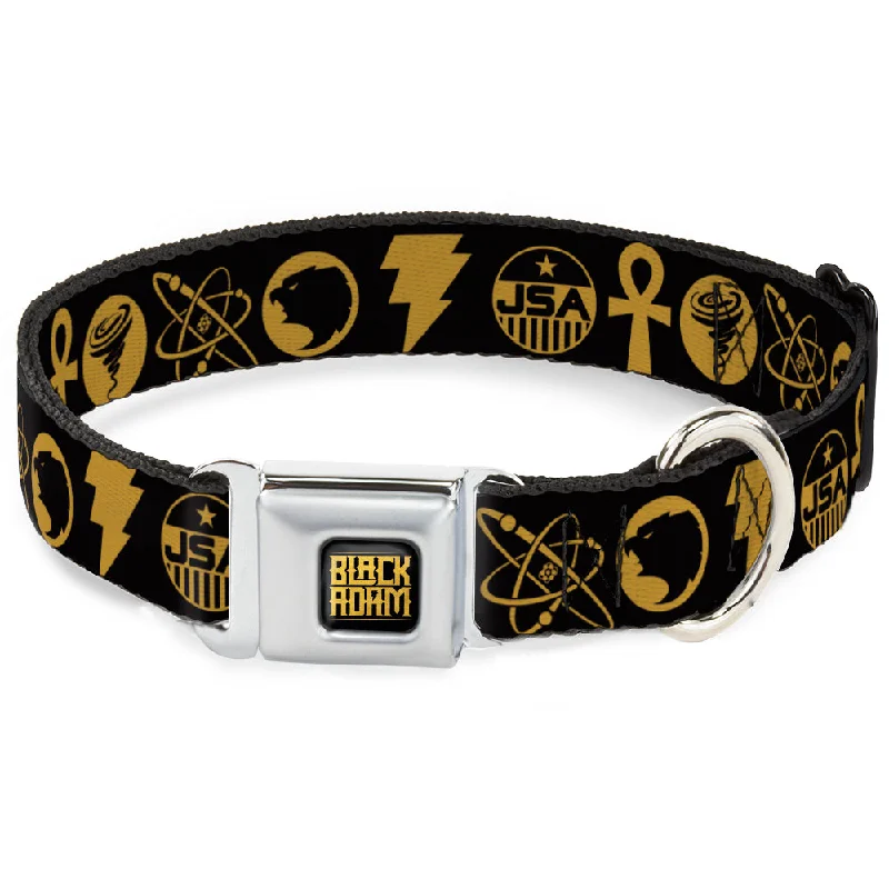 BLACK ADAM Title Logo Full Color Black/Yellows Seatbelt Buckle Collar - Black Adam Justice Society Icons Black/Orange