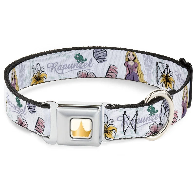 Disney Princess Crown Full Color Golds Seatbelt Buckle Collar - Rapunzel Castle and Pascual Pose with Script and Flowers White/Purples