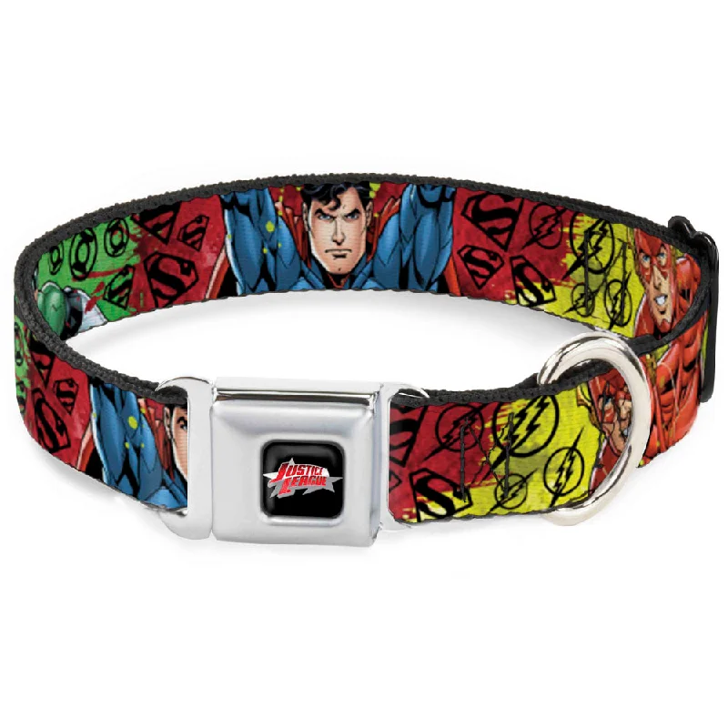 JUSTICE LEAGUE Star Logo Black/Silver-Fade/Red Seatbelt Buckle Collar - Justice League New 52 4-Superhero Poses/Scattered Logos Multi Color/Black