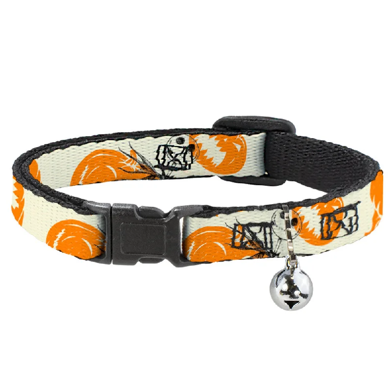 Cat Collar Breakaway with Bell - The Nightmare Before Christmas Jack Pose and Pumpkins Collage Ivory Orange Black