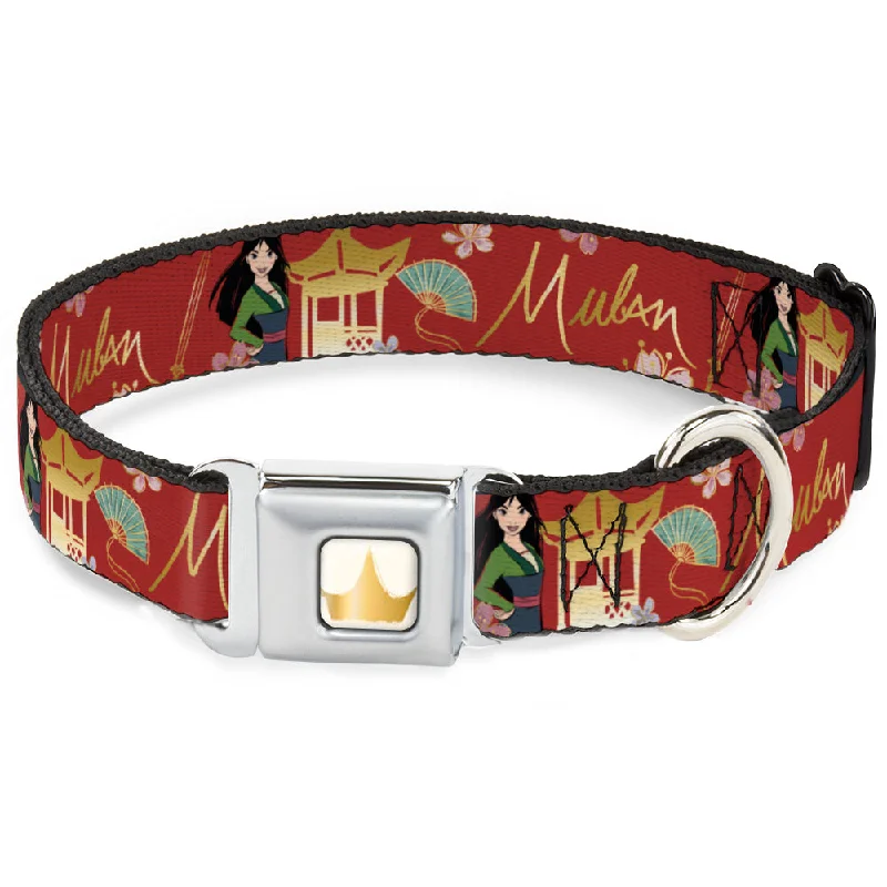 Disney Princess Crown Full Color Golds Seatbelt Buckle Collar - Mulan Gazebo Pose with Flowers and Script Red/Golds