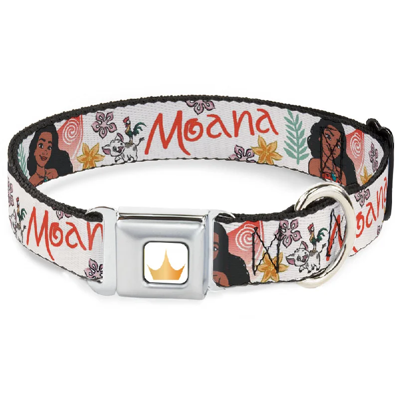 Disney Princess Crown Full Color Golds Seatbelt Buckle Collar - Moana with Pua and Hei Hei Sail Pose with Script and Flowers Beige/Orange