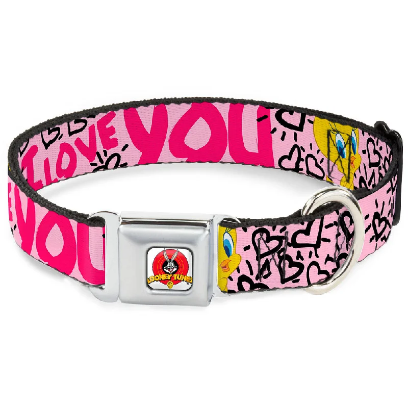 Looney Tunes Logo Full Color White Seatbelt Buckle Collar - Tweety Bird I LOVE YOU Pink/Black