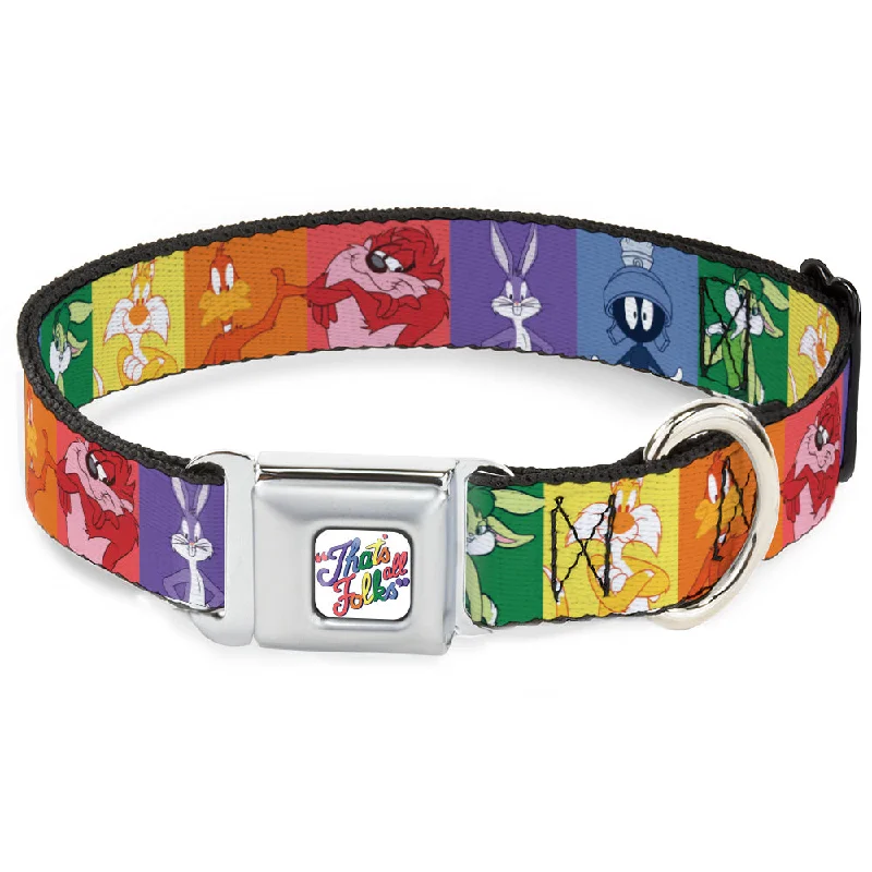 Looney Tunes THAT'S ALL FOLKS Script Full Color White/Multi Color Seatbelt Buckle Collar - Looney Tunes 6-Character Pose Pride Blocks Multi Color