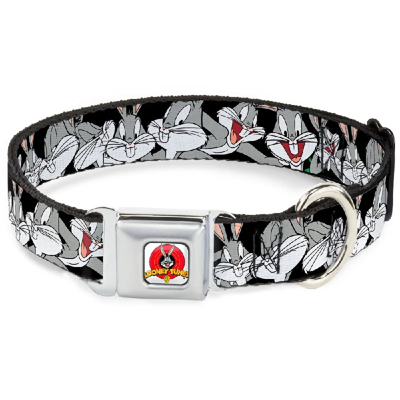 Looney Tunes Logo Full Color White Seatbelt Buckle Collar - Bugs Bunny CLOSE-UP Poses Black