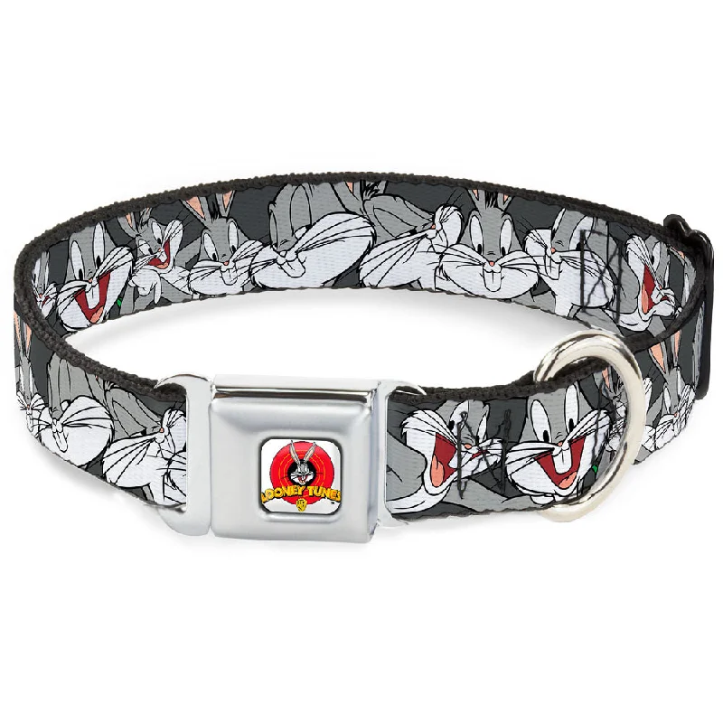 Looney Tunes Logo Full Color White Seatbelt Buckle Collar - Bugs Bunny CLOSE-UP Poses Charcoal