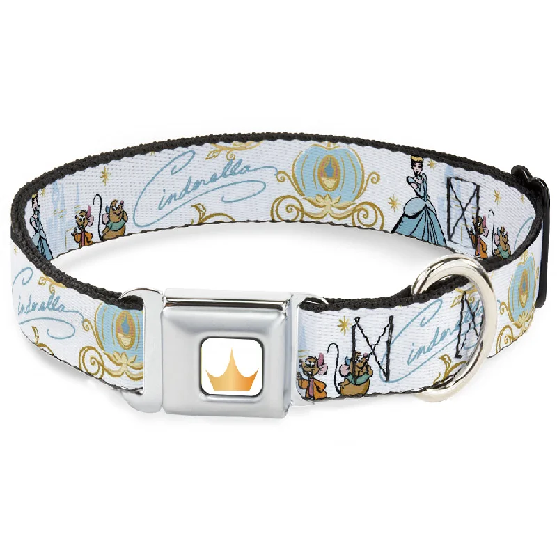 Disney Princess Crown Full Color Golds Seatbelt Buckle Collar - Cinderella Pumpkin Coach and Mice Pose with Script White/Blues