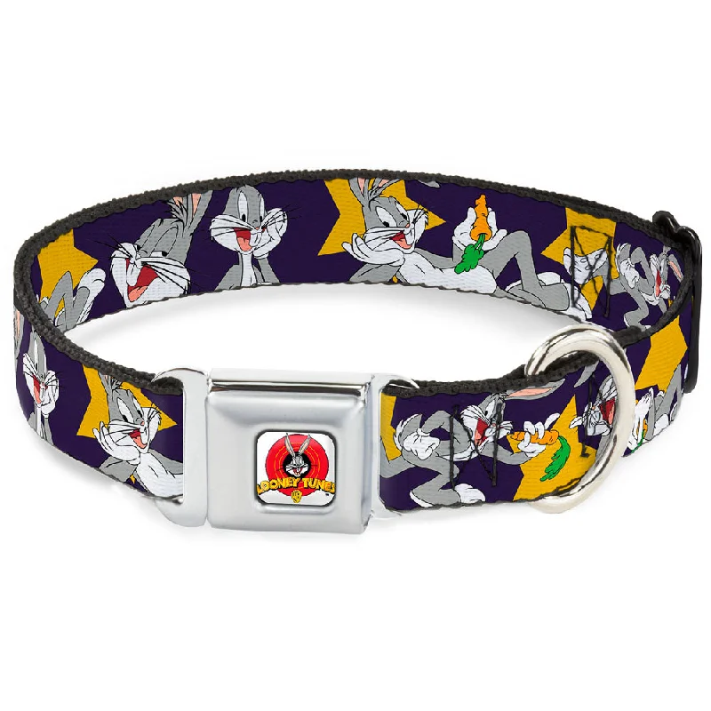 Looney Tunes Logo Full Color White Seatbelt Buckle Collar - Bugs Bunny Poses/Stars Navy