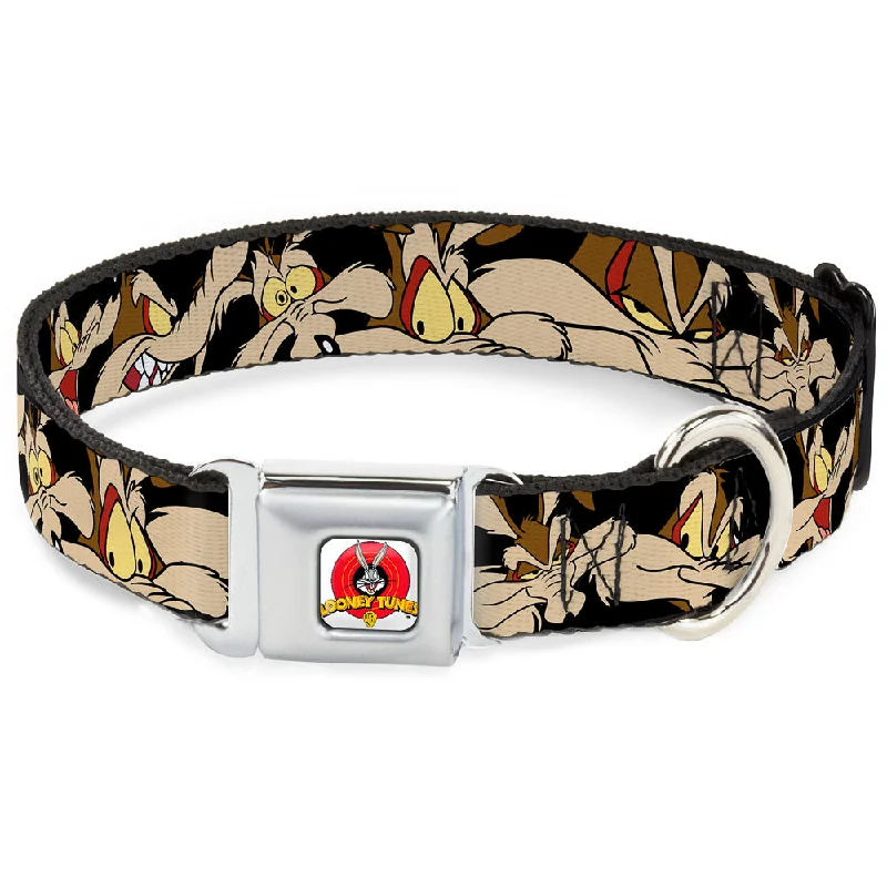 Looney Tunes Logo Full Color White Seatbelt Buckle Collar - Wile E. Coyote Expressions Black