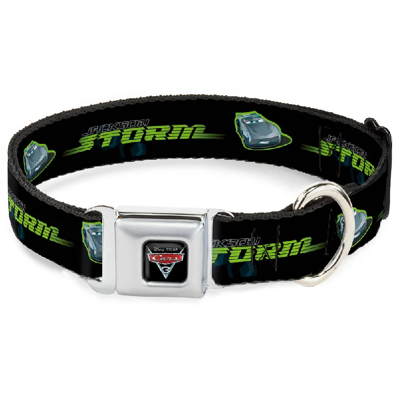 CARS 3 Emblem Full Color Black Silver Red Seatbelt Buckle Collar - Cars 3 JACKSON STORM Pose/STRIPE Black/Greens