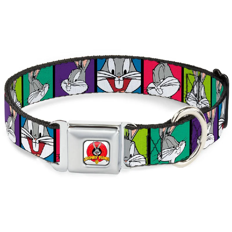 Looney Tunes Logo Full Color White Seatbelt Buckle Collar - Bugs Bunny Expression Blocks Multi Color