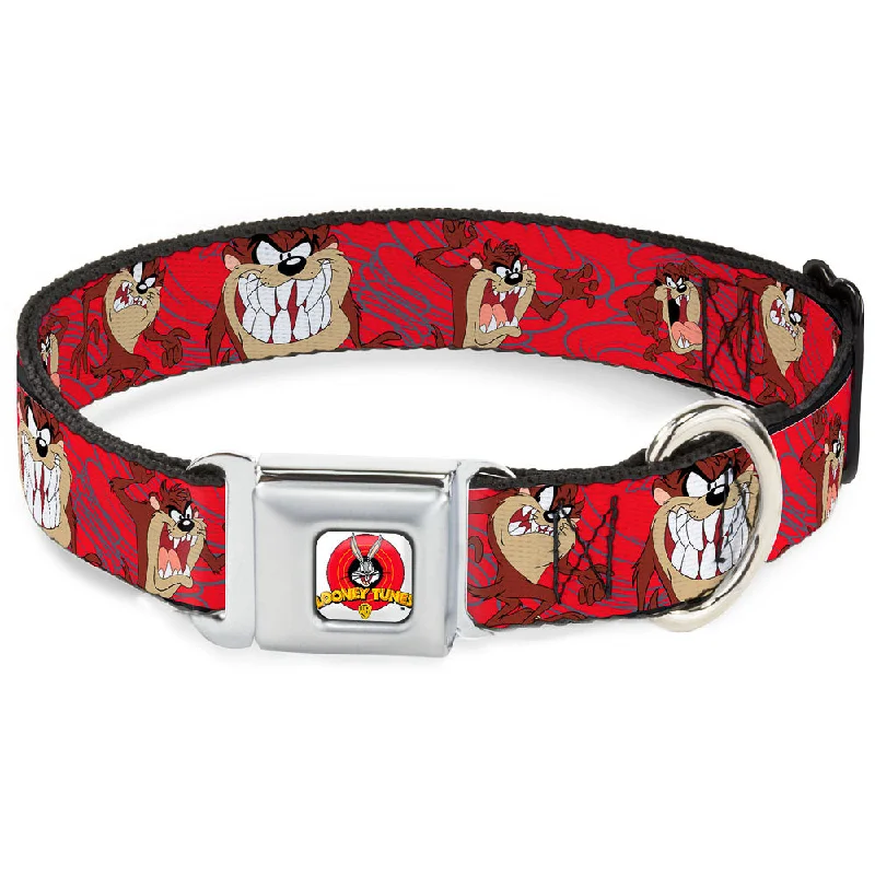 Looney Tunes Logo Full Color White Seatbelt Buckle Collar - Tasmanian Devil Expressions Red Swirl