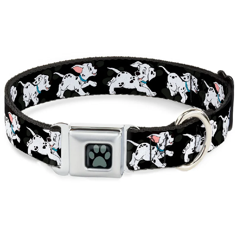 Dalmatian Paw Full Color Black Gray Seatbelt Buckle Collar - Dalmatians Running/Paws Black/Gray/White/Black