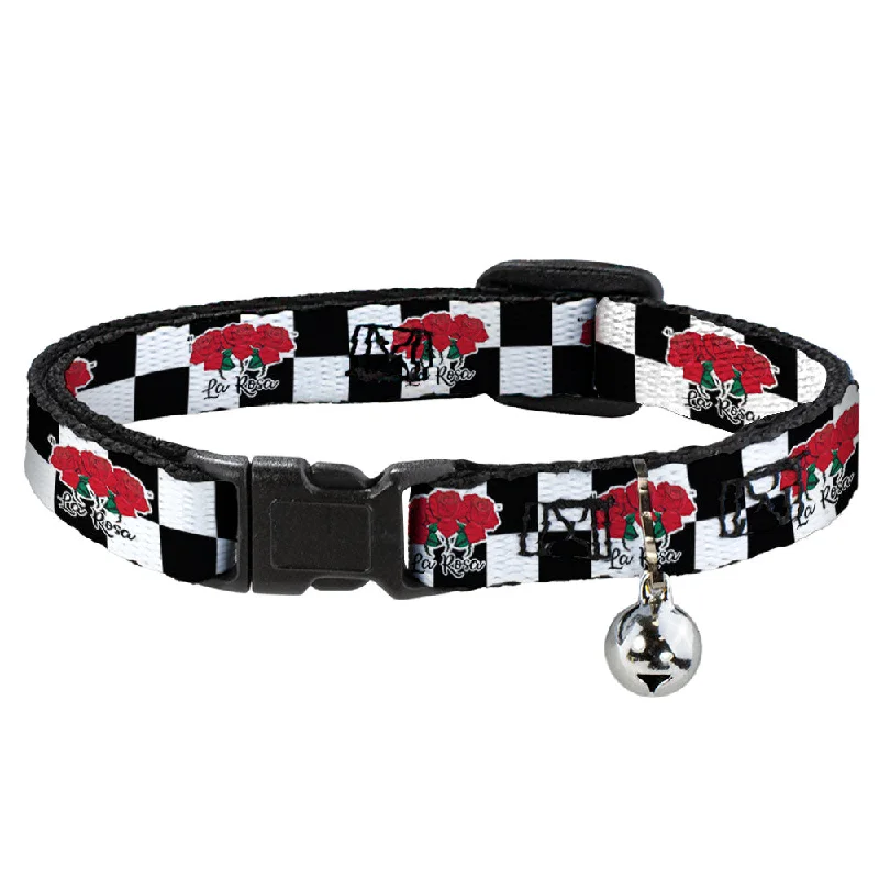 Cat Collar Breakaway with Bell - Loteria LA ROSA Rose Checker Black White - NARROW Fits 8.5-12"