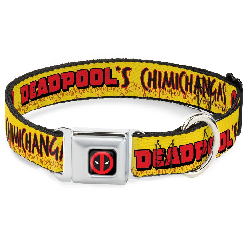 Deadpool Logo CLOSE-UP Full Color Black/Red/White Seatbelt Buckle Collar - DEADPOOL'S CHIMICHANGAS Flames Yellow/Black/Red