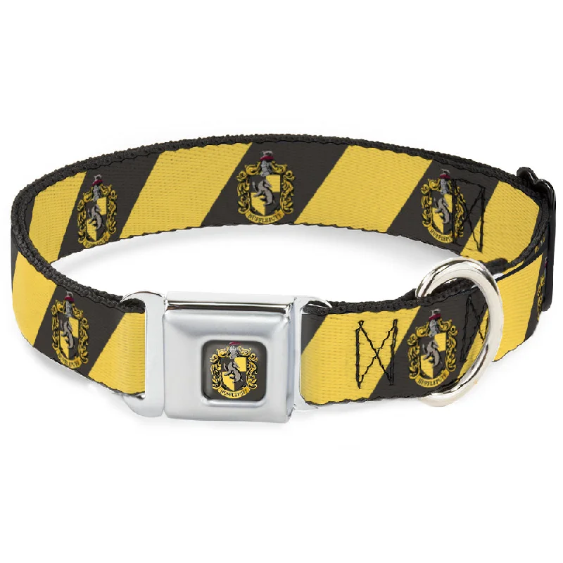 HUFFLEPUFF Crest Full Color Charcoal Gray Seatbelt Buckle Collar - HUFFLEPUFF Crest Diagonal Stripe Charcoal Gray/Yellow