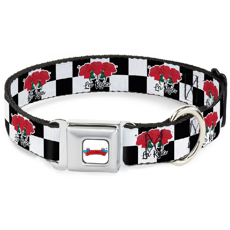 Loteria DON CLEMENTE Banner Full Color White Seatbelt Buckle Collar - Loteria LA ROSA Rose Checker Black/White