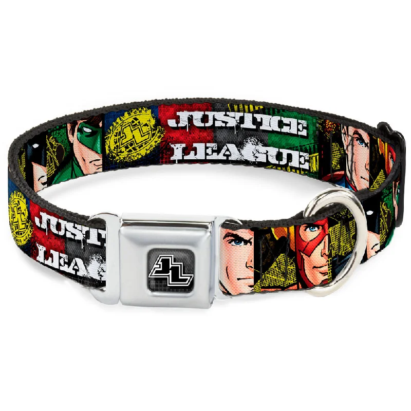 JL Logo Full Color Grays Black White Seatbelt Buckle Collar - JUSTICE LEAGUE Logo/4-Superhero Panels Pop Art